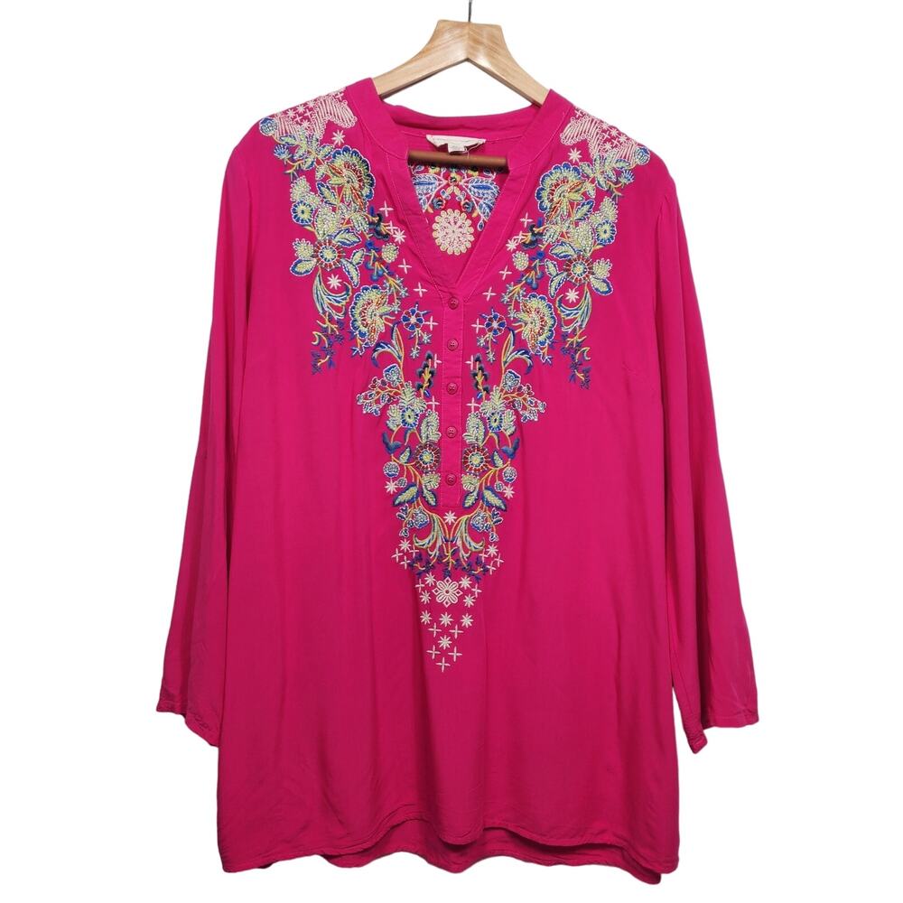 Anthropologie Luna Moon Pink Embroidered Button Up Tunic Top Size XL